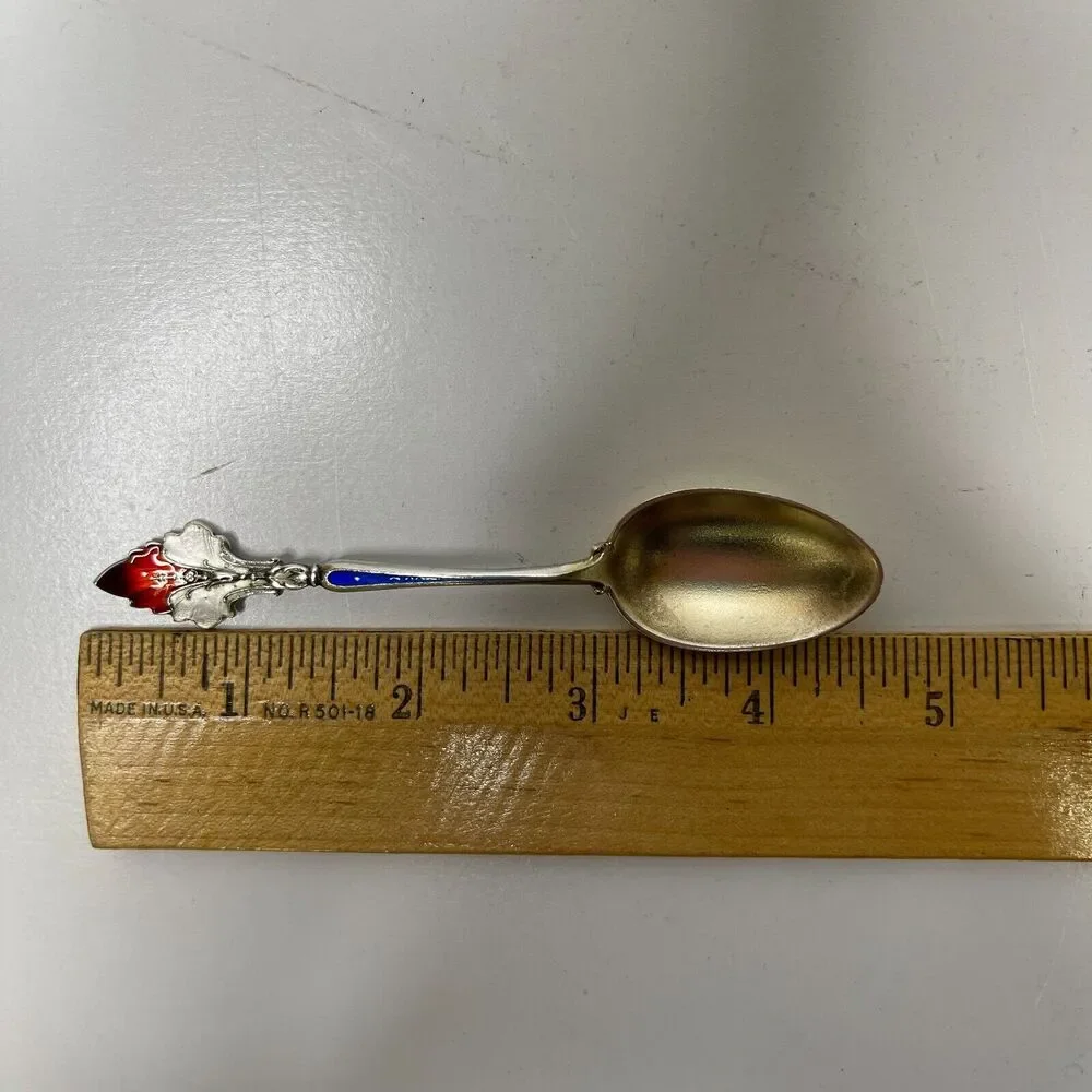 Rare Antique Silver Souvenir Spoon 4.7 inch Red Blue Enamel Handle Collectable